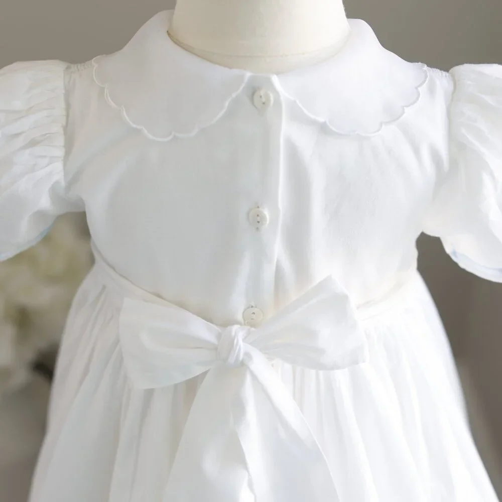Strasburg Dress White Heirloom Smocked 6x/7 Blue Trim Special Occassion - Picture 6 of 7